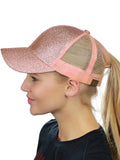 C.C Ponycap Messy High Bun Ponytail Adjustable Glitter Mesh Trucker Baseball Cap, Rose Gold