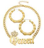 Stone Stud Crowned Queen Pendant Necklace with Bamboo Hoop Earrings Jewelry Set