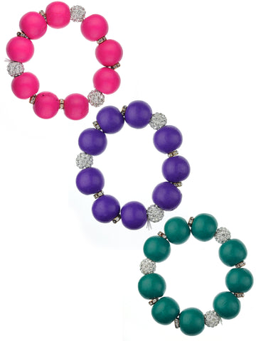 Women's Wood Round Ball Shamballa Fashion Stretch Bracelet Set, Hot Pink/Purple/Teal