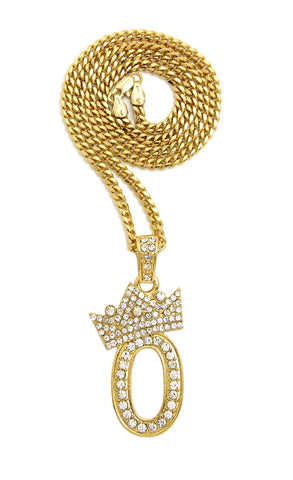 Stone Stud Tilted Crown Number Pendant with 3mm 24" Cuban Chain Necklace, 0, Gold-Tone