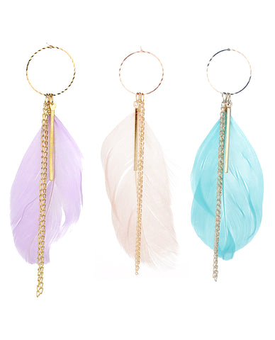 Women's Bohemian Feather Bar Link Chain Dangle Pierced Earrings Set, Lavender/Light Pink/Light Blue