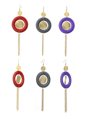 Women's Hammered Glitter Circle Wood Dangle Pierced Earrings Set, Red/Gray/Purple