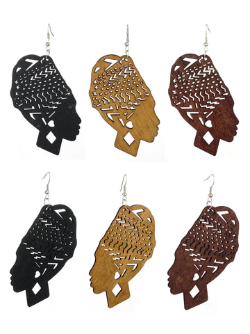 Women's Wooden African Woman Turbanista Figure Dangle Pierced Earrings Set, Black/Brown/Light Brown