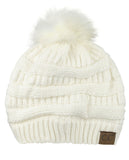 NYFASHION101 Soft Stretch Cable Knit Faux Fur Pom Pom Beanie Hat