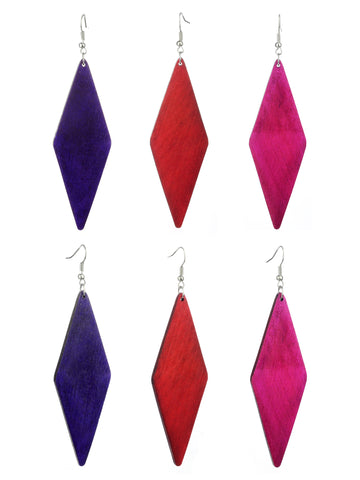 Women's Wooden Elongated Diamond Shape Dangle Pierced Earrings Set, Purple/Red/Magenta