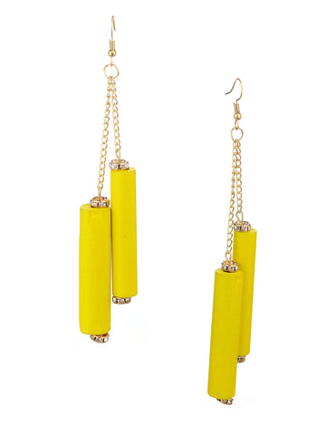 Women's Wood Cylinder Mini Stone Stud Ends Link Chain Dangle Pierced Earrings, Yellow