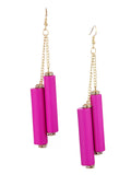 Women's Wood Cylinder Mini Stone Stud Ends Link Chain Dangle Pierced Earrings, Hot Pink