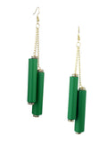 Women's Wood Cylinder Mini Stone Stud Ends Link Chain Dangle Pierced Earrings, Green