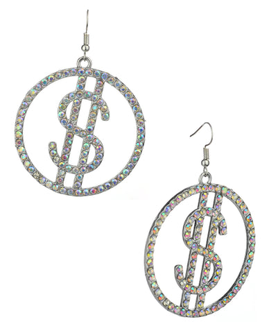Women's Stone Stud Encircled Dollar Sign Money Symbol Dangle Pierced Earrings, Aurora Borealis/Silver-Tone