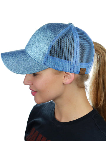 C.C Ponycap Messy High Bun Ponytail Adjustable Glitter Mesh Trucker Baseball Cap, Light Blue