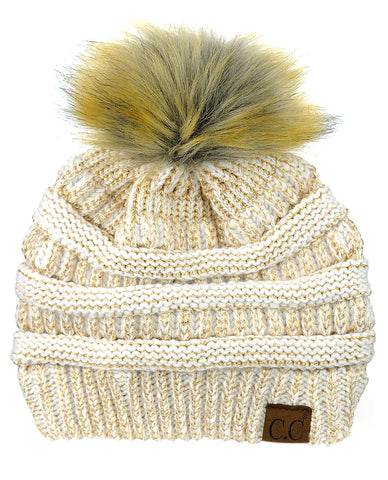 NYFASHION101 Soft Stretch Cable Knit Faux Fur Pom Pom Metal Color Beanie Hat