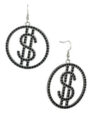 Women's Stone Stud Encircled Dollar Sign Money Symbol Dangle Pierced Earrings, Black/Silver-Tone