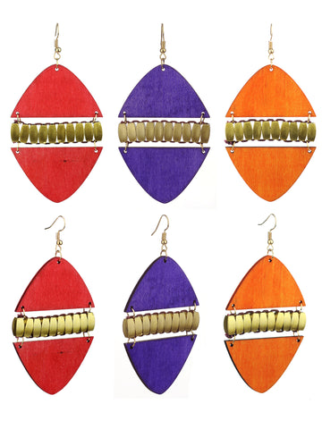 Women's Linked Rounded Diamond Shape Wood Dangle Pierced Earrings Set, Red/Purple/Orange