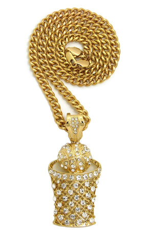 Stone Stud Hollow Basketball Net Pendant with 6mm Cuban Chain in Gold-Tone, 24"