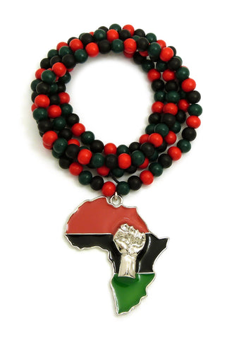 Power Fist on Pan Africa Continent Pendant with 6mm 36" Multicolored Wood Bead Necklace, Silver-Tone