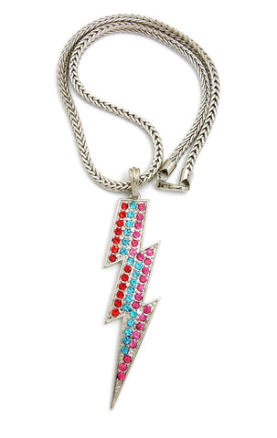 Colored Stone Lightning Bolt Pendant with 4mm 18" Franco Chain Necklace, Silver-Tone/Multi Stone