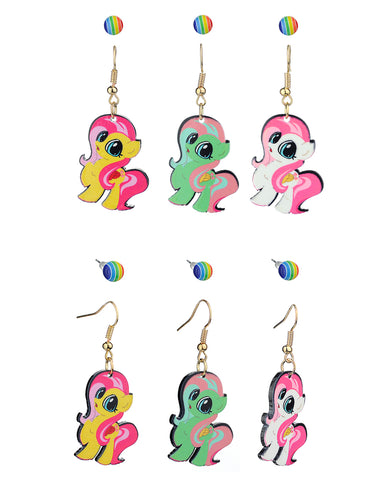 Women's Rainbow Youthful Enamel Pony Stud and Dangle Earrings Set