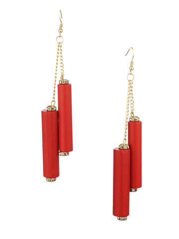 Women's Wood Cylinder Mini Stone Stud Ends Link Chain Dangle Pierced Earrings, Red