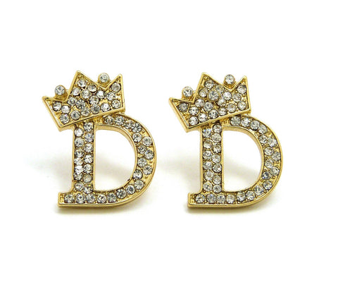 Stone Stud Tilted Crown Initial Pierced Earrings, D/Gold-Tone