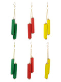 Women's Wood Cylinder Mini Stone Stud Ends Link Chain Dangle Pierced Earrings Set, Green/Red/Yellow