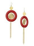 Women's Hammered Glitter Circle Wood Dangle Pierced Earrings, Red