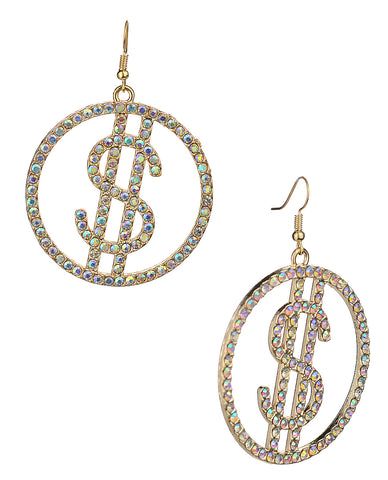 Women's Stone Stud Encircled Dollar Sign Money Symbol Dangle Pierced Earrings, Aurora Borealis/Gold-Tone