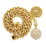 Hip Hop Rapper's Style Iced Out Cuban Chain & Stone Stud QC Pendant with Box Chain Necklace Set