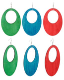Women's Large Oval Flat Wood Dangle Pierced Earrings 3 Pair Set, Green/Turquoise/Red