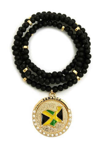 Stone Stud Jamaica Waving Flag Medal Pendant with 6mm 30" Wood Bead Color Disc Necklace, Black Wood/Gold-Tone