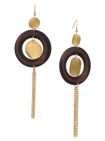 Women's Hammered Glitter Circle Wood Dangle Pierced Earrings, Brown