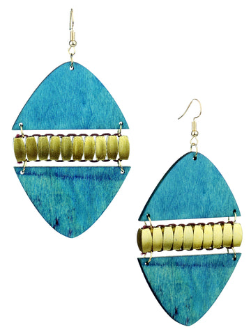 Women's Linked Rounded Diamond Shape Wood Dangle Pierced Earrings, Turquoise