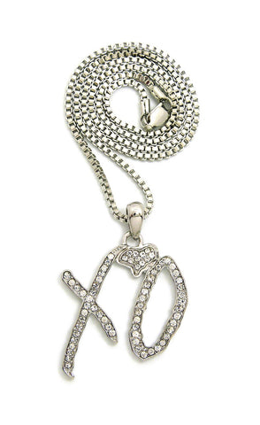 Stone Stud XO Heart Pendant with 2mm 24" Box Chain Necklace, Silver-Tone