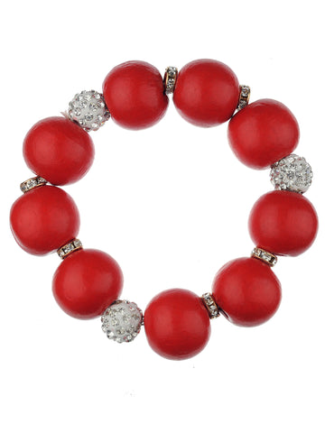 Women's Wood Round Ball Shamballa Fashion Stretch Bracelet, Red