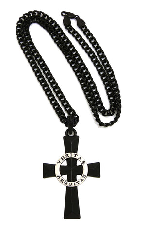 Polished Veritas Aequitas Pendant 5mm Black Cuban Chain Necklace, Silver-Tone