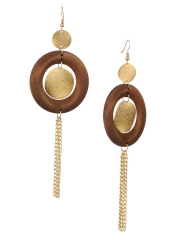Women's Hammered Glitter Circle Wood Dangle Pierced Earrings, Light Brown