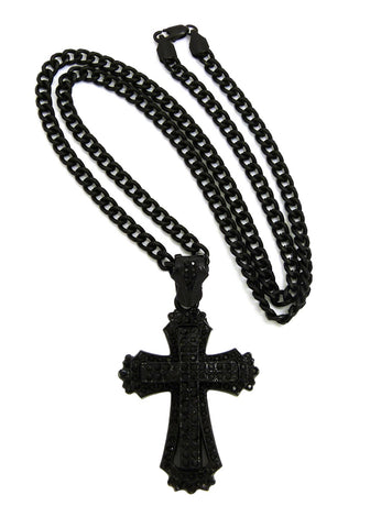 Stone Stud Layered Gothic Cross Pendant with 5mm 24" Cuban Chain Necklace in Black