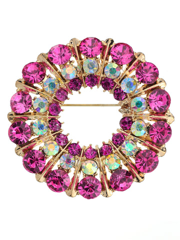 NYFASHION101 Elegant Formal Multi Size Rhinestone Studded Round Brooch Pin, Pink/Gold-Tone