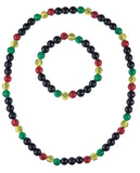 Unisex Rasta Black Bead Stretch Necklace and Bracelet Set, Cross