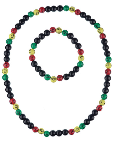 Unisex Rasta Black Bead Stretch Necklace and Bracelet Set, Cross