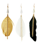 Women's Bohemian Long Feather Stone Stud Link Chain Dangle Pierced Earrings Set, Black/Beige/Ivory