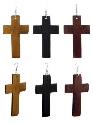 Women's Smooth Wooden Cross Dangle Pierced Earrings Set, Black/Brown/Light Brown