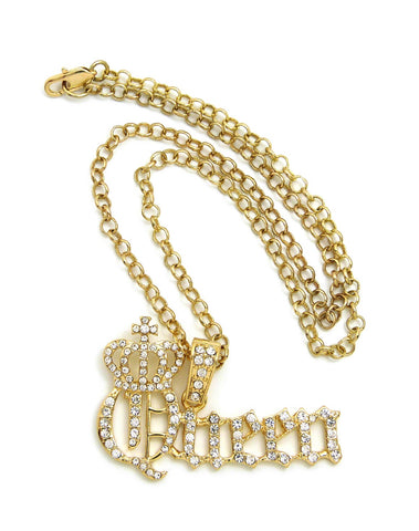 Stone Stud Crowned Queen Pendant with 4mm 18" Link Chain Necklace in Gold-Tone
