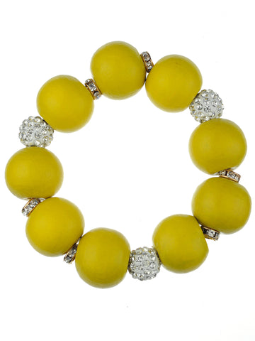 Women's Wood Round Ball Shamballa Fashion Stretch Bracelet, Yellow