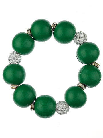 Women's Wood Round Ball Shamballa Fashion Stretch Bracelet, Green