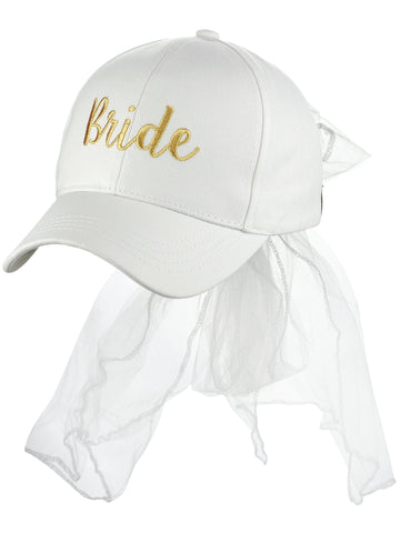 C.C Women's Bridal Metallic Gold Embroidered Adjustable Lace Veil Baseball Cap, Bride