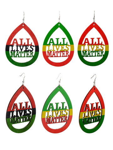 Women's Rasta Slogan All Lives Matter Wood Teardrop Dangle Pierced Earrings Set