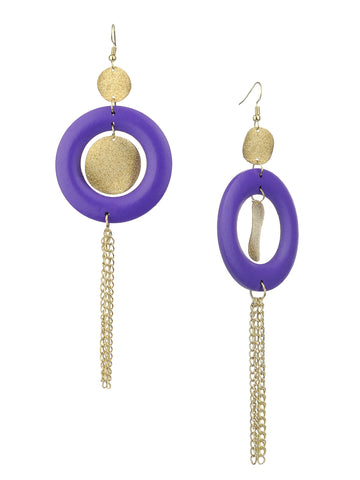 Women's Hammered Glitter Circle Wood Dangle Pierced Earrings, Purple
