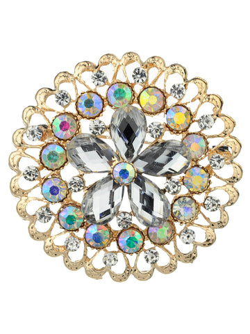 NYFASHION101 Elegant Formal Star Flower Rhinestone Studded Round Brooch Pin, Clear/Gold-Tone