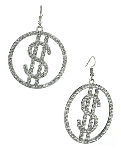 Women's Stone Stud Encircled Dollar Sign Money Symbol Dangle Pierced Earrings, Clear/Silver-Tone
