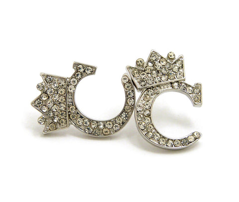 Stone Stud Tilted Crown Initial Pierced Earrings, C/Silver-Tone